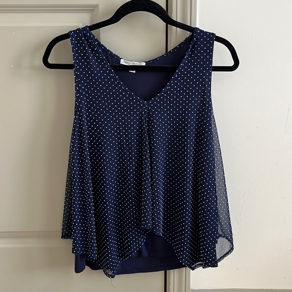 Green Envelope Navy Polka Dot Sleevless Blouse. Size S.